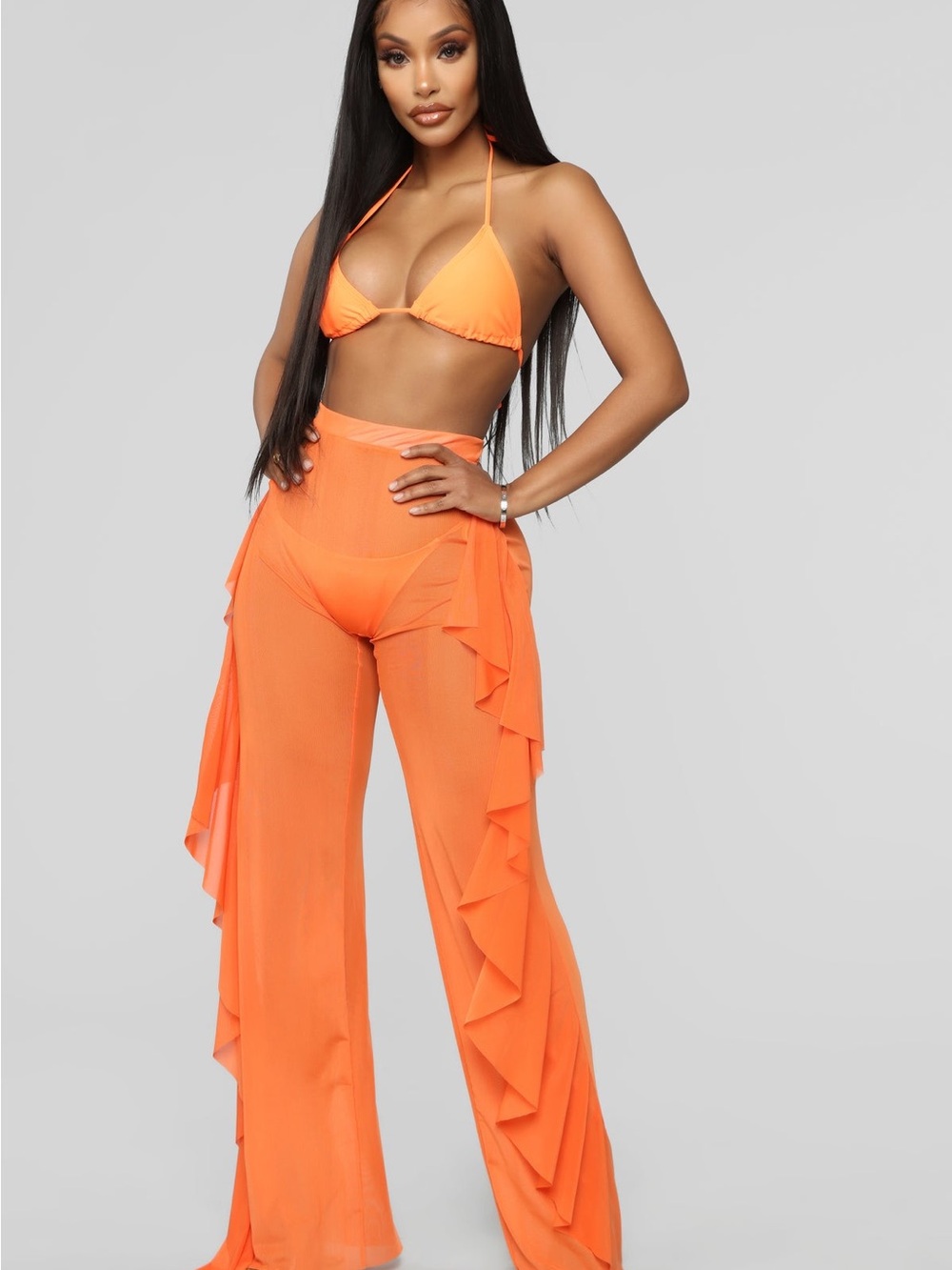 Fashion Nova Orange Ruffle Wide-Leg Swim Coverup Pants